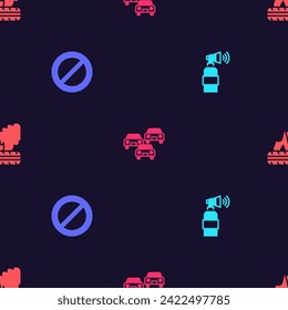 Set Air horn, Ban, Traffic jam and Lying burning tires on seamless pattern. Vector