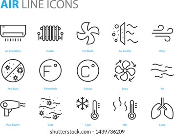 conjunto de iconos de aire, como filtro de aire, temperatura, purificador de aire, polvo