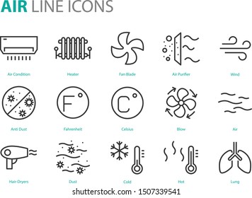 set of air icons, such as air filter, temperature, air purifier, dust