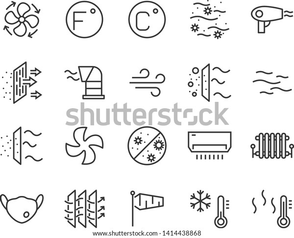 set of air icons, such as air filter, temperature,\
air purifier, dust