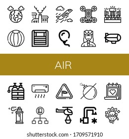 Conjunto de iconos de aire. Como la contaminación, el balón de playa, el calentador, el avión, el globo, el dron, el albergue, los ventiladores, el zepelín, el tanque de oxígeno, el pulverizador, el aire acondicionado, el flujo, el viento, el helicóptero , los iconos del aire
