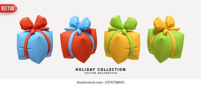 Set of air inflated helium gifts box. Blown polyethylene gifts boxes of square cubic shape. Collection of realistic 3d colorful gift presents. Festive decorative design elements. Vector illustration