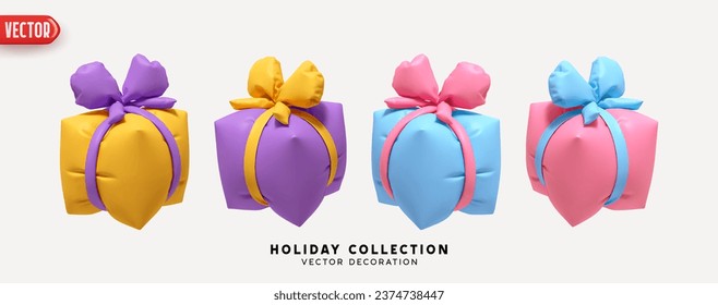 Set of air inflated helium gifts box. Blown polyethylene gifts boxes of square cubic shape. Collection of realistic 3d colorful gift presents. Festive decorative design elements. Vector illustration