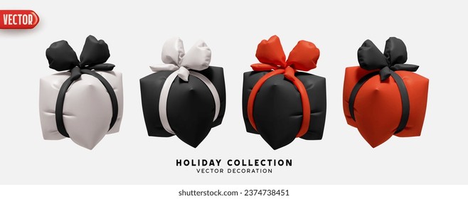 Set of air inflated helium gifts box. Blown polyethylene gifts boxes of square cubic shape. Collection of realistic 3d black red gift presents. Festive decorative design elements. Vector illustration