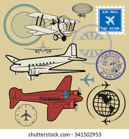 Set of air mail and airplane symbols, vector illustration