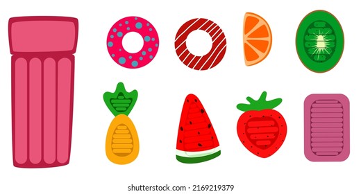 Set with air mattresses. Inflatable fruits and donuts.