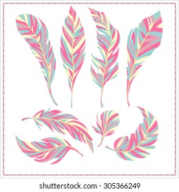 Set the air, pastel feathers on a white background. Isolated decorative elements for design. Vector Illustration