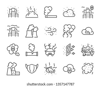 Set Of Air Pollution Icon, Fire, Smoke, Dust, Carbon, Smog