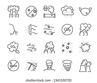 set of air pollution icons, such as dust, carbon, toxic, air filter