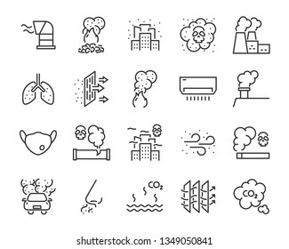 set of air pollution icons, such as dust, carbon, toxic, air filter