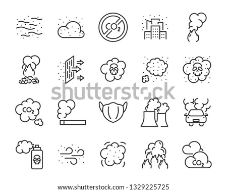 set of air pollution icons, such as, smoke, dust, gas, industry, pm 2.5