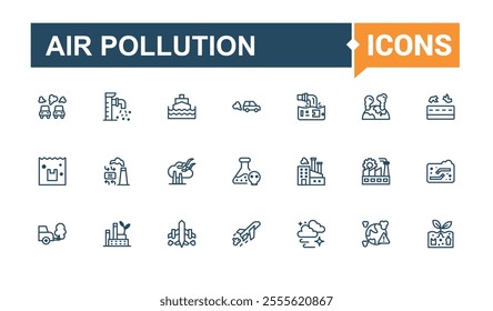 Set of Air Pollution line icons. Contains related to bad, river, poison, leak, car and more. Perfect for logos and infographics. Vector line and solid icons.