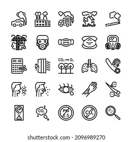 Set of Air pollution, Micro dust pm 2.5 thin line icons. 
Contains such icons as cause, protection, symptom, warning sign.  
Editable Stroke. 48x48 Pixel Perfect. Vector illustration.