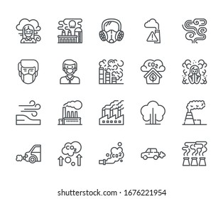 Set of air pollution Related Vector Line Icons. Includes such Icons as smoke, gases, breath, carbon dioxide, exhaust and more. - vector.