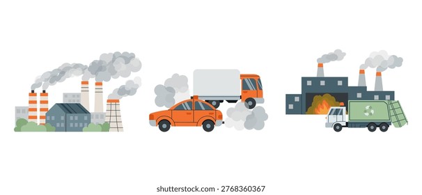 Set of air pollution sources including factories, cars and waste processing. Flat illustration showing main contributors to environmental pollution and climate change.