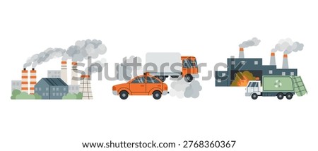 Set of air pollution sources including factories, cars and waste processing. Flat illustration showing main contributors to environmental pollution and climate change.