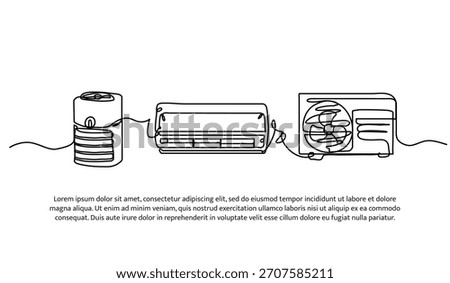 Set of air purifier, air conditioner, and ac outdoor one line. Electronic tools. Abstract minimal continuous line isolated on white background.