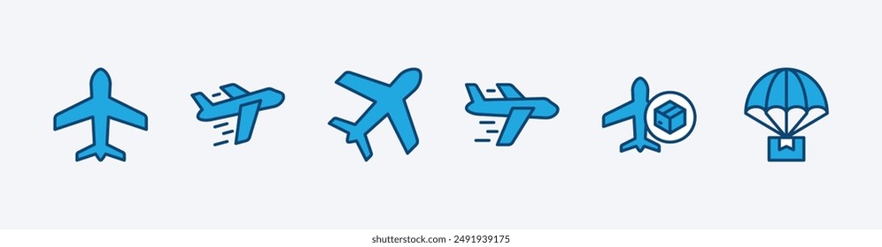 Conjunto de icono de envío aéreo. Contiene avión, avión, paquete, globo de aire, aviones, avión, transporte, aerolínea, expreso, entrega y logística. Ilustración vectorial