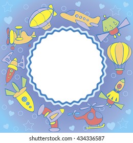  Set of air transport for the children: a balloon, airship, aircraft, helicopter, rocket, flying saucer, spaceship. Hand drawn vector illustration.