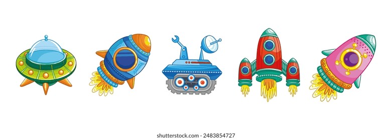 Set of air transport in children's cartoon style on a white background. Vector set of rockets, flying saucer, lunar rover.