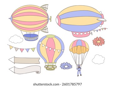 Set of Air Transport Collection Vector, Hand Drawn Vintage Zeppelin Blimp Parachute and Hot Air Balloon Cartoon for Kids.