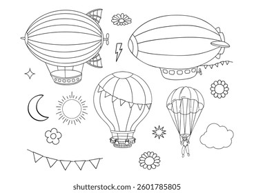 Set of Air Transport Collection Vector, Hand Drawn Vintage Zeppelin Blimp Parachute and Hot Air Balloon Outline Coloring Page for Book Animals for Kids.