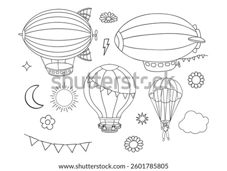 Set of Air Transport Collection Vector, Hand Drawn Vintage Zeppelin Blimp Parachute and Hot Air Balloon Outline Coloring Page for Book Animals for Kids.