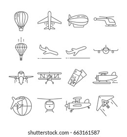 Set of air transport Related Vector Line Icons. Includes such Icons as airplane, helicopter, balloon, sky, maize, parachute, takeoff, landing, ticket