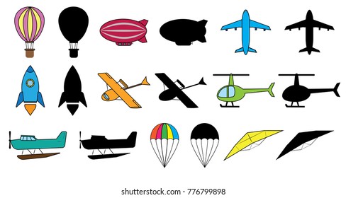 Set of air transports: balloon, dirigible, airplane, space rocket, hydroplane, helicopter, seaplane, parachute, glider. Colorful images and silhouette. Vector illustration.