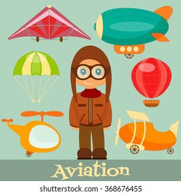 Set of Air Vehicles. Airman in Uniform. Cartoon Style. Vector Illustration.