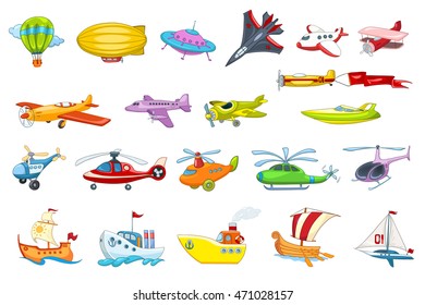 Set of air and water transport vehicles illustrations. Collection of air balloon, various planes, flying saucer, helicopters, sea craft, ship, boat. Vector illustration isolated on white background.