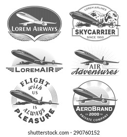 Set of aircraft and air transportation vector labels.Logo templates,badges,emblems,signs black graphic collection.Air voyage,tour,flight promotion and advertising symbols isolated on white background