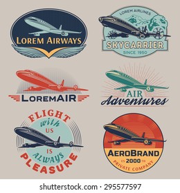 Set of aircraft and air transportation vector labels.Logo templates,badges,emblems,signs color graphic collection.Air voyage,tour,flight promotion and advertising symbols isolated on grey background