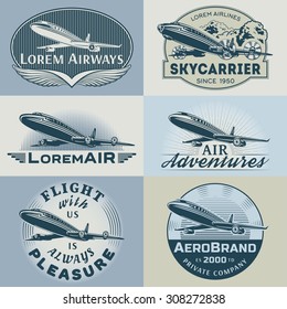 Set of aircraft and air transportation vector labels.Logo templates,badges,emblems,signs color graphic collection.Air voyage,tour,flight promotion and advertising symbols isolated on grey background