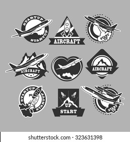 Set of aircraft and air transportation vector labels.Logo templates symbols isolated on gray background