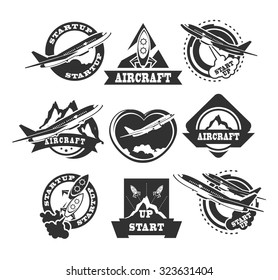 Set of aircraft and air transportation vector labels.Logo templates, symbols isolated on white background