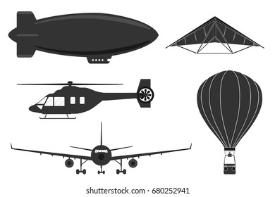 A set of aircraft, an airplane, an airship, a hang glider, a balloon. Flat design, vector illustration, vector.