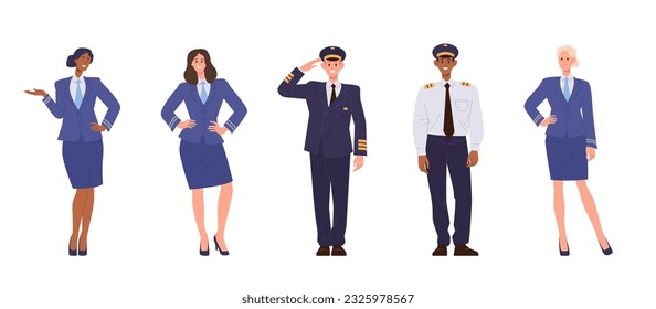 Set of aircraft crew staff and team members characters standing isolated on white background