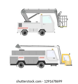 Set of aircraft deicer trucks. Deicing airplane. Vector illustration isolated on white.