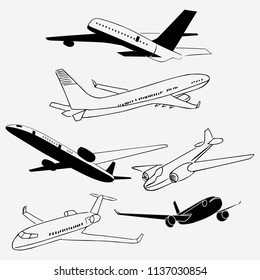 А set of aircraft in different angles on a light background. 