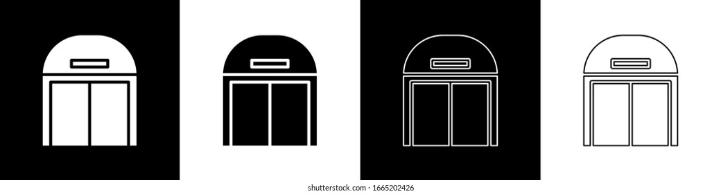 Set Aircraft hangar icon isolated on black and white background.  Vector Illustration