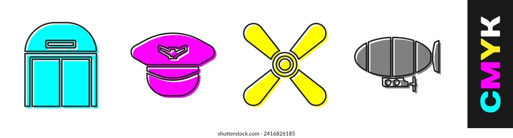 Set Aircraft hangar, Pilot hat, Plane propeller and Airship icon. Vector