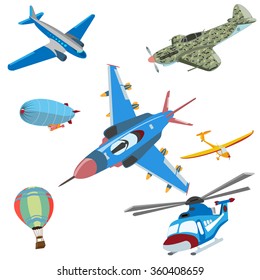 Set of aircraft on white background