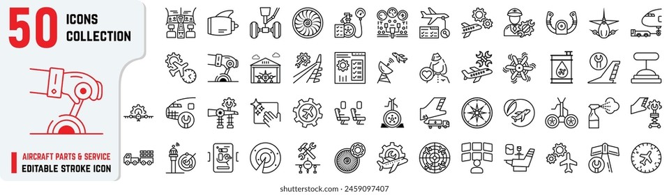 Set of Aircraft Parts and Service-related editable stroke icons also includes engine, maintenance, hangar, service, tire, cockpit, indicators signal, reports, radar icons. Flight maintenance 50+ thin 