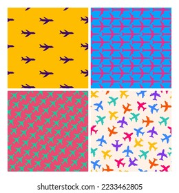 Set of Aircraft seamless pattern. Seamless pattern, airplane, Editable can be used for web page backgrounds, flights, travel, pattern fills. Vector illustration. Isolated on colored background.