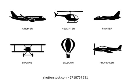 Set of aircraft simple icon. Vector aircraft illustration in flat glyph solid style creative design for banner, poster or any media.