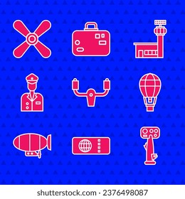 Set Aircraft steering helm, Airline ticket, Hot air balloon, Airship, Pilot, Airport control tower and Plane propeller icon. Vector