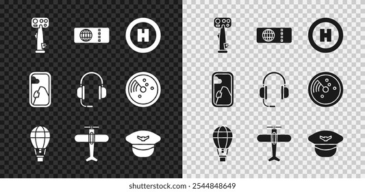 Conjunto de timón de avión, boleto de avión, pista de aterrizaje de helicóptero, globo aerostático, avión, sombrero de piloto, ventana de avión y auriculares con icono de micrófono. Vector