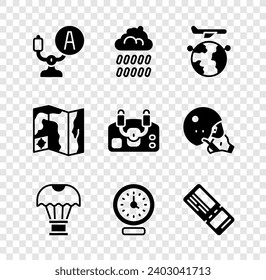 Set Aircraft steering helm, Cloud with rain, Globe flying plane, Box on parachute, Clock, Airline ticket, World travel map and  icon. Vector