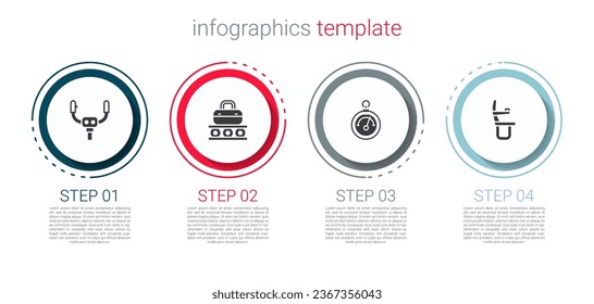 Set Aircraft steering helm, Conveyor belt with suitcase, Barometer and Airplane seat. Business infographic template. Vector